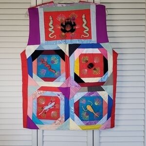 Hand Crafted Chinese Folk Art Quilted Vest with Appliques, Red/Multi